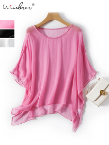 Winsleter100%Real Silk TshirtWomen Real Georgie Silk ONecks Half SleeveCape Sunproof Tops Summer Dropshipping T36425JM2026