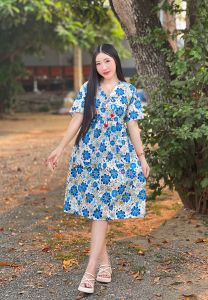 🌷🌸🌹เดรสคลุมท้อง ลายดอกไม้ คอวี มีสายผูกหลัง ใส่คุมท้องได้จนถึงคลอด🌷🌸🌹