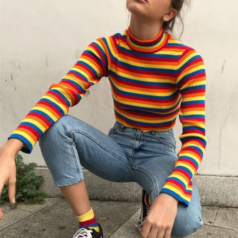 Jeans Rainbow Striped Jumper Womens Womens Autumn Long Sleeve