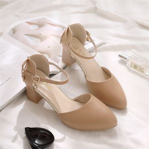 [Free Shipping] WomenS High-Heeled Shoes Chunky Heels 2026 New Summer Collection Versatile One-Strap Sandals Pointed-Toe Mid-Heel Flats