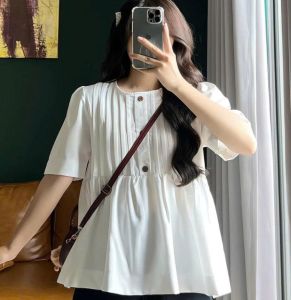 Áo Kiểu Nữ BABEE Dáng Babydolll Tay Ngắn Cổ Tròn Xếp Ly Đính Nút Xinh Xắn Năng Động Dễ Phối Đồ