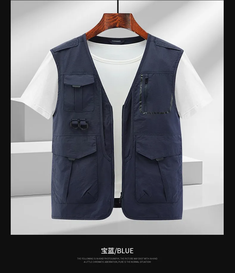 Summer Outdoor Tooling Vest Men's Multi-Functional Multi-Pocket Vest Thin  Section Fishing Photography Men's Vest Vest Jacket Color: Dark Blue, Size:  5XL Bust 136cm