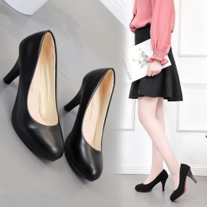 [Free Shipping] W8Cm Shallow-Toe Round-Toe Work Shoes WomenS Black Professional High Heels Comfortable Soft Leather Suitable For Commuting Available In Large Sizes 41-42