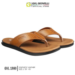 Gvl Geovelli Sandal Pria Casual Kekinian Sendal Jepit Hangout Cowok Kulit Kualitas Lokal - G-1980 Tan