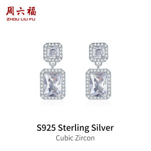 Zhou liu Fu 周六福 khuyên nụ cho phụ nữ S925 Zirconia hình vuông lập phương giọt nước treo bông tai không gây dị ứng hình chữ nhật phụ kiện bằng bạc Quà Tặng