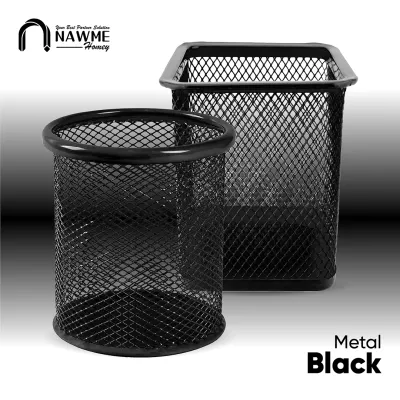 Pen Holder Metal Steel Desk Tempat Peralatan Tulis Meja Belajar Kantor Jaring Logam Besi Bulat Kotak
