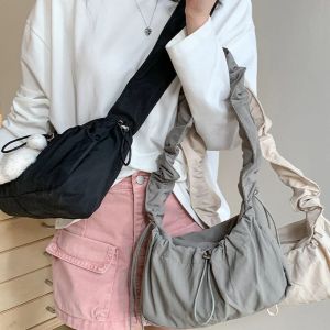 COLOO Y2K Pleated Shoulder Bag Solid Color Drawstring Nylon Underarm Bag Fashion Dumpling Bag Cloud Crossbody Bag Girls