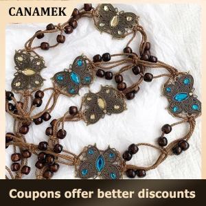 【 CANAMEK 】 Bohemian Style Butterfly Water Diamond Woven Ethnic Style Wooden Bead Womens Belt Casual Vacation Style Waist Rope