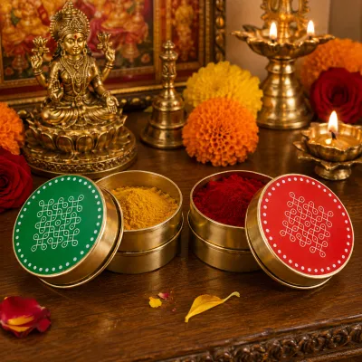 Pichwai and Kolam Design Metal Haldi Kumkum Holder | Traditional Pooja Container for Kumkum Manjal Festive Gifting & Décor (Pack of 1 Pc)