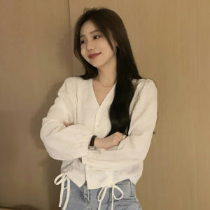 Korean Style Plain Shirt for Women Casual V-neck Long Sleeve Blouse Top