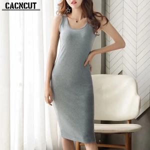 CACNCUT Dress Women Casual Style Sleeveless Dress Fashion Solid Color Large Size Knee Length Vest Dress