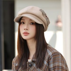 SWEOLQ Warm Bow Beret Wool Solid Color Newsboy Hat Casual Korean Style Painter Hat Female