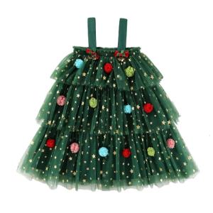 Sleeveless Star Print Tulle Dress with Plush Decorations for Baby Girls Christmas Parties Dress Photo Props
