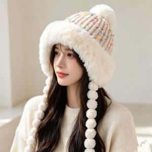 RONALDF Fur Brim Pompom Braids Hat Fleece Lined Striped Knit Fur Trim Trapper Warm Ski Skullies Soft Yarn Earflap Winter Cap Skiing