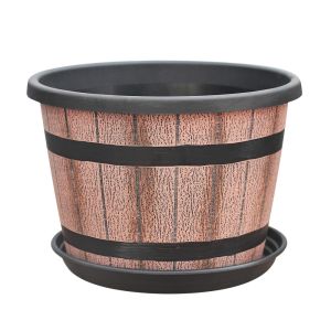 YERZ Thickened Plastic Barrel Flowerpot Round Drainage Hole Garden Flower Pot Retro Style Matching Saucer Succulent Planters Indoor Use