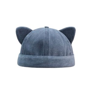 OMQAIO Sweet Cat Ears Brimless Hat Cute Adjustable Bucket Cap Casual Washed Old Basin Hat