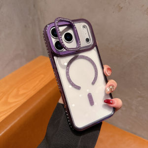 Luxury Diamond Magnetic Hard Case For IPhone 17 Air 16e 15 14 13 12 Pro Max Plus Phone For Magsafe Lens Holder Stand Cover