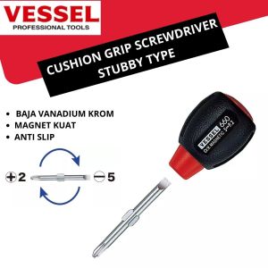 Vessel Obeng Kecil Bolak Balik Cushion Grip Stubby No.660 Minus Slotted-5 Plus+2 Magnet Obeng Karet