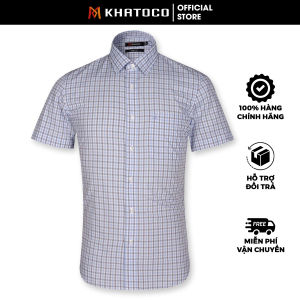 Sơ Mi Caro Tay Ngắn - Màu Xanh Dương - Trắng Form Slim Fit Chống Nhăn Lai Bầu - Áo Nam Khatoco