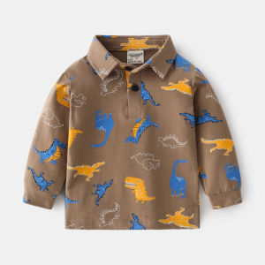 [zensasi] Baju Kaos T-Shirt Anak Laki-Laki Lengan Panjang Gambar Dinosaurus Warna Khaki Kuning Biru Dan Abu