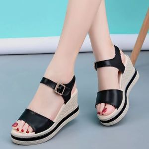 [Free Shipping] Soft Leather WomenS Sandals Fashionable Summer New Style Thick-Soled Versatile Platform-Soled Height-Increasing Single-Strap Sandals