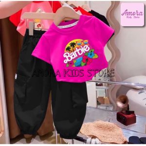 Setelan Baju Dan Celana Cargo Motif Barbie Anak Usia 1-5 Tahun Pakaian Anak Terlaris