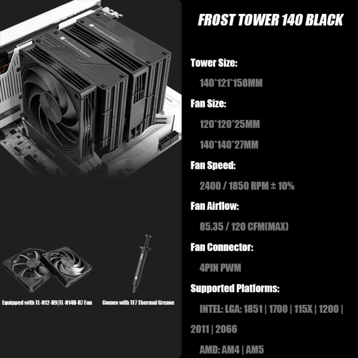 Thermalright%20FROST%20TOWER%20140%20WHITE%20CPU%20Air%20Cooler%20FT140%20WHITE%20158mm%20Height%20Dual-Tower%20Dual-Fan%20Heatsink%207%20Heat%20Pipe%20&%20Heat%20Dissipation%20Soldering%20Process%20Supports%20Intel%2014th/15th%20Gen%20/%20AM4/AM5%20-%20Image%209