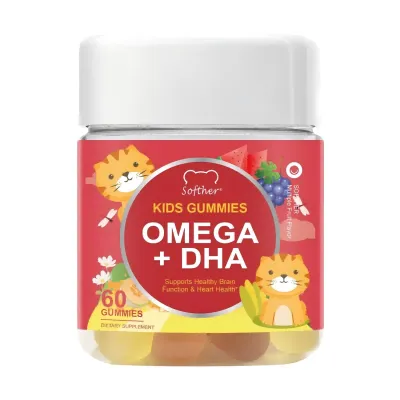 SOFTHER OMEGA + DHA Brain for Kids Gummies Vitamin C Support Healthy Immunity Natural Energy Gummy Rich in Probiotics Vegan Supplement for Heart Health Support Brain Development 60 Gummies