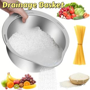 Stainless Steel Drainage Basket Multi-Functional Rice Washing Sieve Fruit Vegetable Rinser Tool