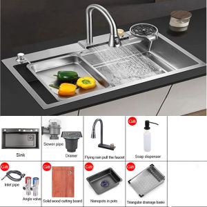 Kitchen sink SUS304 stainless steel waterfall sink 3.0MM thickness household sink with pull-out faucet