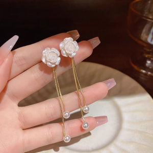 Versatile White Camellia Earrings Tassel Pearl Pendant Earrings Elegant Womens Earrings Jewelry
