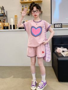 LS cô gái trên sàn diễn mùa hè in hình trái tim phù hợp với bông phù hợp với thể thao áo thun quần short ngắn 120-170cm