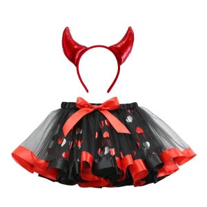 2026 Red Halloween witch dress for little girls complete with a headband horns and a heart-shaped accessory tutu Girls skirt and shorts set