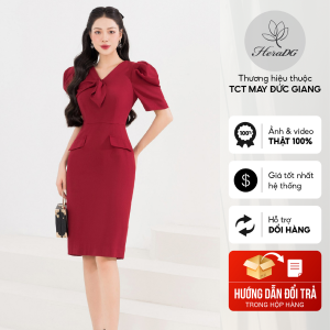 [Voucher 15% MOV 199K cap 100K Đầm ôm ngắn tay HeraDG thiết kế tay bồng nơ cổ nắp túi trang trí chất liệu Tuytsi cao cấp SDCBC2024