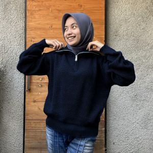 Sabira Sweater Rajut Kerah Retsleting Tebal Lengan Panjang fit to XL
