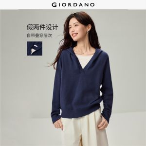 Giordano Beau Monde Women Fake two-piece contrast neck hooded sweater Free Shipping 13356645