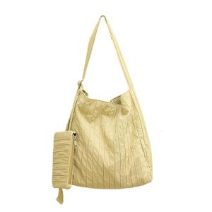 Large Capacity Zippered Shoulder Bag Solid Color Pleated Striped Canvas Crossbody Bag Bucket Handbag with Small Pouch