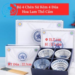 Bộ 6 Chén Sứ Hoa Lam Thổ Cẩm Phong Cách Nhật Bản Tặng Kèm 6 Đôi Đũa Tre Cao Cấp