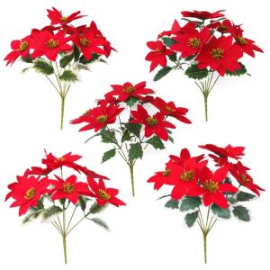 CHLOCH Artificial Flowers Artificial Poinsettia Bouquet 5 Heads Bunch Red Poinsettia Christmas Decoration Christmas Tree Decor Realistic Fake Flower Pot Ornament Indoor Home