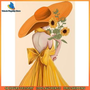Vktech Sunflower Girl Canvas Cross Stitch Wall Art DIY Embroidery Kit Bright Yellow Colors for Living Room Wall Decoration