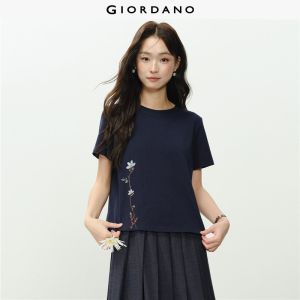 Giordano Women 100% cotton floral embroidery short sleeve tee Free Shipping 18326226