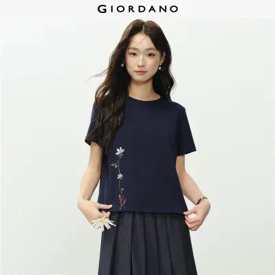 GIORDANO Women T-Shirts 100% Cotton Floral Embroidery Tee Crewneck Short Sleeve Fashionable Casual Regular T-Shirts 18326226