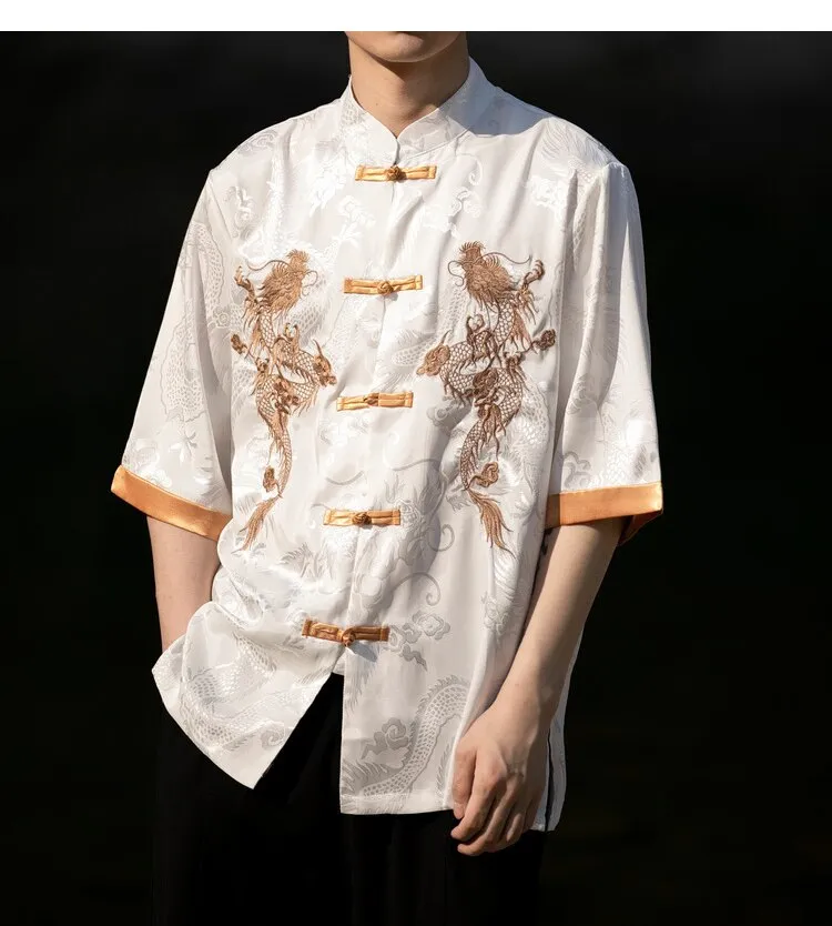 Trung Quốc mùa hè trang phục truyền thống cỡ lỡn Chất lượng cao rồng Áo sơ  mi thêu người đàn ông quần áo lụa băng tay ngắn cổ điển Tops