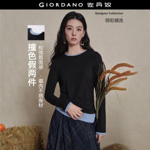 Giordano Women Fake two-piece asymmetric hem long sleeve tee Free Shipping 18326520