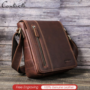 CONTACTS Genuine Leather Crossbody Bags Men Vintage Shoulder Bags Male Flap Casual Travel Business Messenger Bag for 7.9 Inch iPad