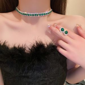 Green Square Earrings Necklace Set Women Korean Fashion Elegant Earring Neck Lace Accessories Jewelry for Girls