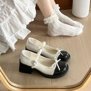 [Free Shipping] 2026 New Style High-Heeled Shallow-Toe Color-Blocked Leather Shoes Retro Chunky-Heeled Butterfly WomenS Fashion Flats