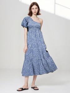 Elegant Floral One-Shoulder Midi Dress with Puff Sleeves and Ruffle Hem #555572