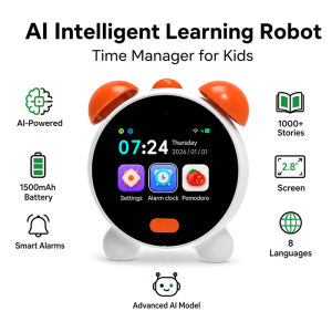 N9 AI Smart Alarm Clock for Kids Learning Robot 2.8" HD Screen 1000+ Stories Pomodoro Timer Voice Control 1500mAh Type-C