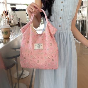 REEBO Bear Drawstring Shopping Bag Sweet Flower Cartoon Printed Handbag Cute Lightweight Commuting Tote Bag Girls